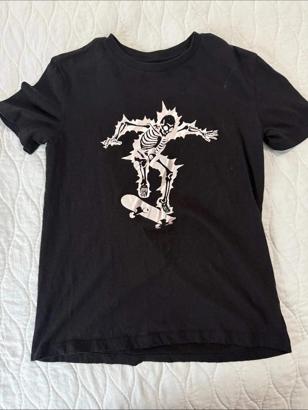Old Navy Black Tee with White Skateboard Skeleton Graphic